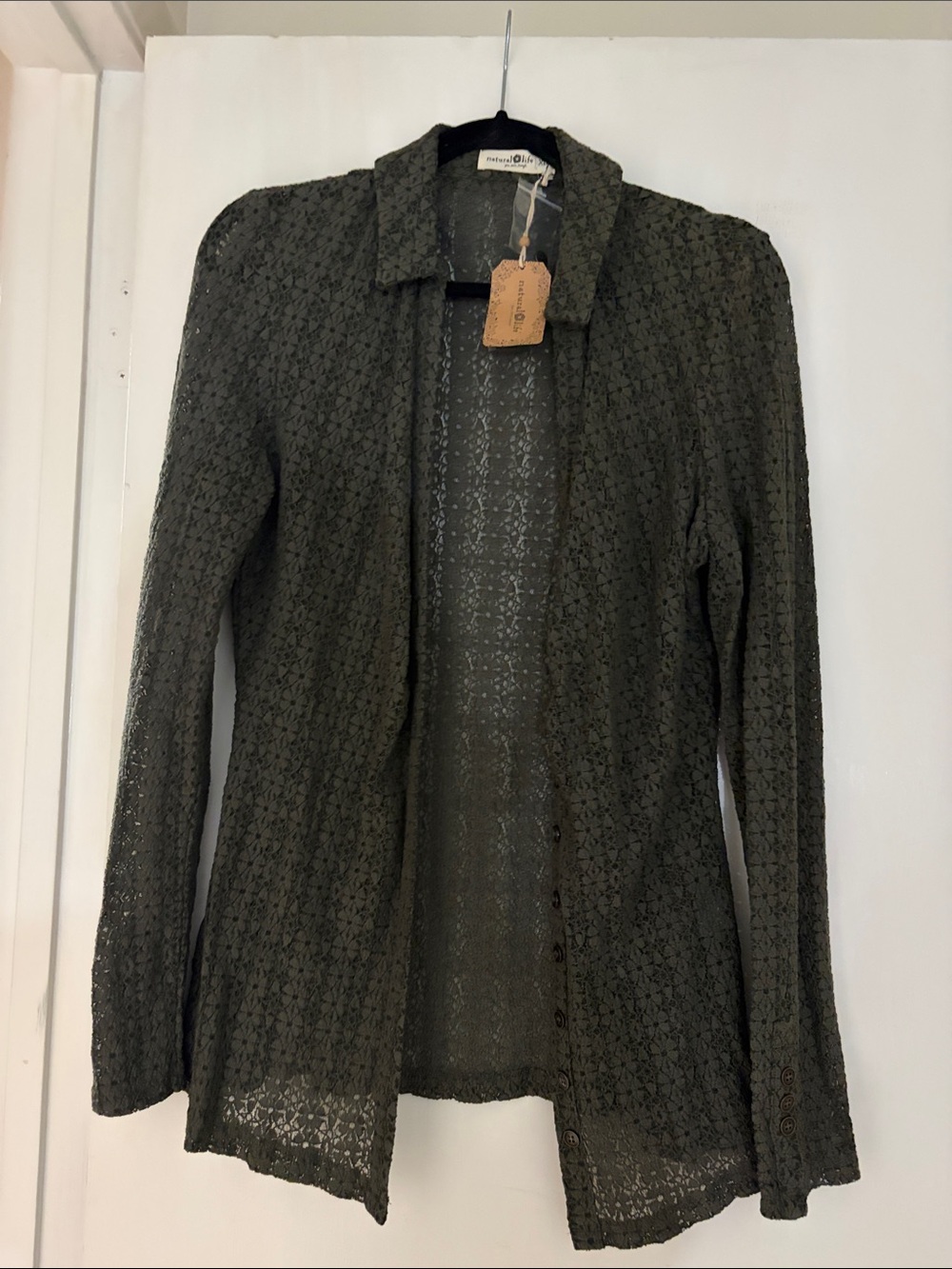 NATURAL LIFE Olive Lace Open-Front Long Sleeve Blouse